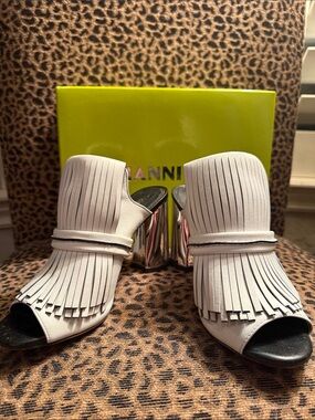 Gianni Bini White Fringe Open-Toe Mules with Silver Block Heel